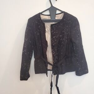 LOFT Black Lace Blazer with Ribbon Closure